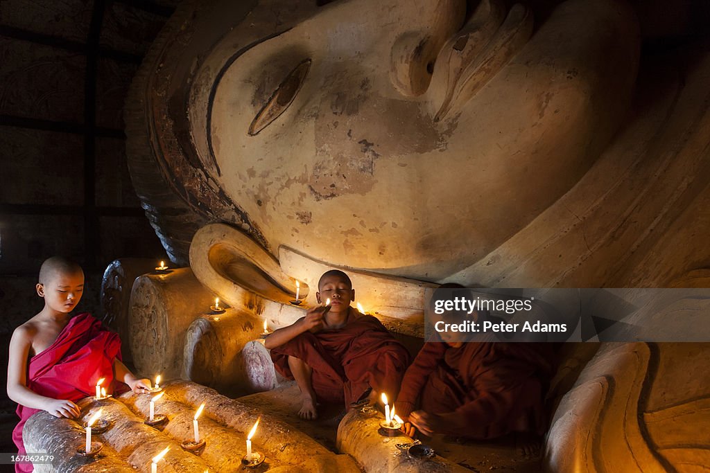 Young Monks & Reclining Buddha, Bagan, Myanmar