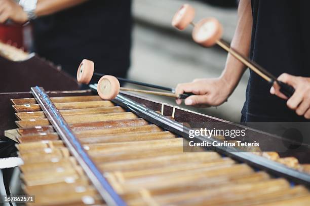 hands playing a wooden xylophone - xylophone stock pictures, royalty-free photos & images