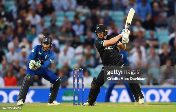 Glenn Phillips of New Zealand bats during the 3rd Metro Bank ODI between England and New Zealand at The Kia Oval on September 13, 2023 in London,...