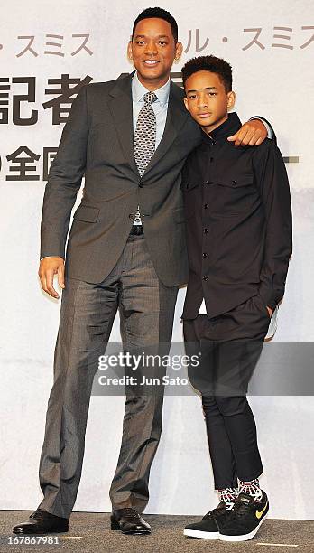 Actors Will Smith and Jaden Smith attend 'After Earth' press conference at the Ritz-Carlton on May 2, 2013 in Tokyo, Japan. The film will open on...