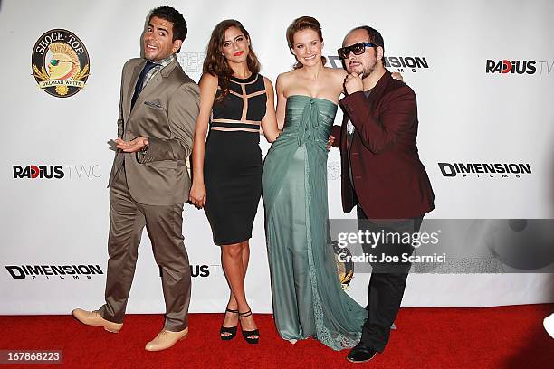 Eli Roth, Lorenza Izzo, Andrea Osvart and Nicolas Lopez arrive at the "AFTERSHOCK" premiere presented by Dimension Films and RADiUS-TWC in...