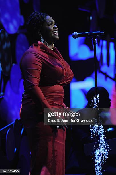 Singer Jill Scott performs at the 2013 Delete Blood Cancer Gala honoring Vera Wang, Leighton Meester and Suzi Weiss-Fischmann on May 1, 2013 in New...