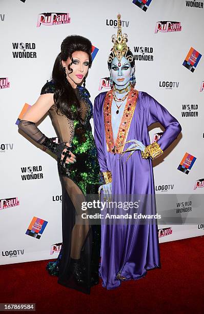 Drag queens Chad Michaels and Raja arrive at "Rupaul's Drag Race" Season 5 Finale, Reunion & Coronation Taping on May 1, 2013 in North Hollywood,...