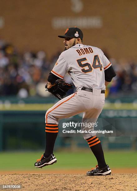 Sergio Romo of the San Francisco Giants pitches during Game Three of the World Series against the Detroit Tigers at Comerica Park on October 27, 2012...