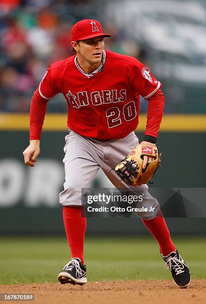 Brendan Harris of the Los Angeles Angels of Anaheim reacts to a grounder against the Seattle Mariners at Safeco Field on April 27, 2013 in Seattle,...