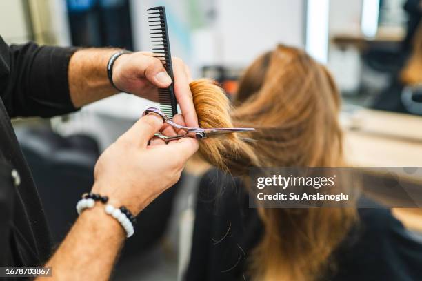 beautiful young woman getting her hair cut - cutting long hair stock pictures, royalty-free photos & images