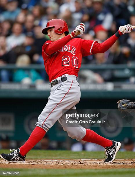 Brendan Harris of the Los Angeles Angels of Anaheim bats against the Seattle Mariners at Safeco Field on April 27, 2013 in Seattle, Washington.