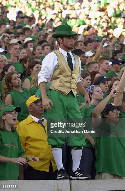 Fan dressed in full Irish regalia stands in front of cheering students and fans of the Notre Dame Fighting Irish during the NCAA football game...