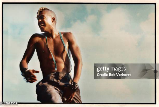 Angelo Moore of Fishbone performs on stage at Metropolis Festival , Zuiderpark, Rotterdam, Netherlands, 4th September 1988.