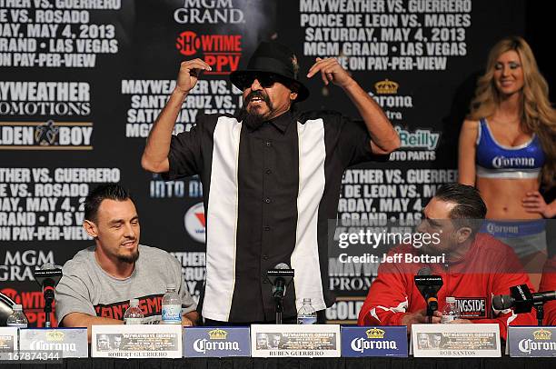 Trainer Ruben Guerrero father of boxer Robert Guerrero calls Floyd Mayweather Jr. A wife beater during the final news conference for the bout between...