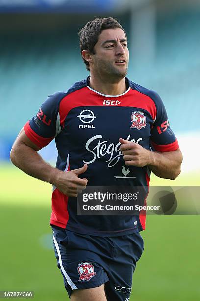 Anthony Minichiello of the Roosters runs during a Sydney Roosters NRL training session at Allianz Stadium on May 2, 2013 in Sydney, Australia.