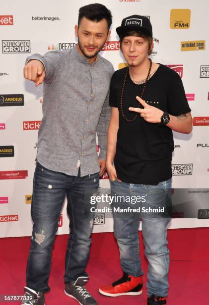 Lukas Ploechl and Manuel Hoffelner of Trackshittaz attend the Amadeus Austrian Music Award at Volkstheater on May 1, 2013 in Vienna, Austria.