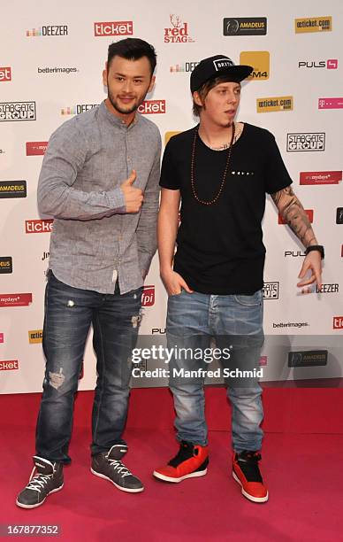 Lukas Ploechl and Manuel Hoffelner of Trackshittaz attend the Amadeus Austrian Music Award at Volkstheater on May 1, 2013 in Vienna, Austria.