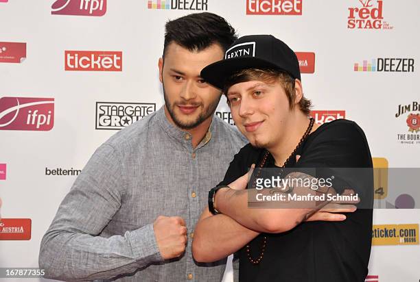 Lukas Ploechl and Manuel Hoffelner of Trackshittaz attend the Amadeus Austrian Music Award at Volkstheater on May 1, 2013 in Vienna, Austria.