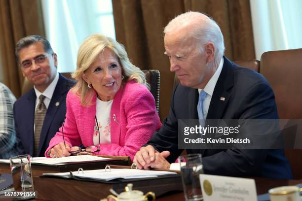 First lady Jill Biden speaks alongside President Joe Biden and Health and Human Services Secretary Xavier Becerra during a meeting of his Cancer...