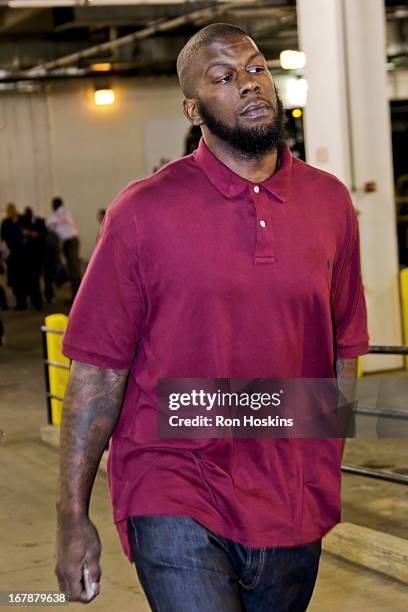 Ivan Johnson of the Atlanta Hawks arrives to play against the Indiana Pacers in Game Five of the Eastern Conference Quarterfinals during the 2013 NBA...