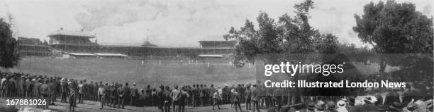 England play Australia on the first day of the second Ashes Test at Melbourne Cricket Ground, Melbourne, Australia, 1st January 1898. Australia won...