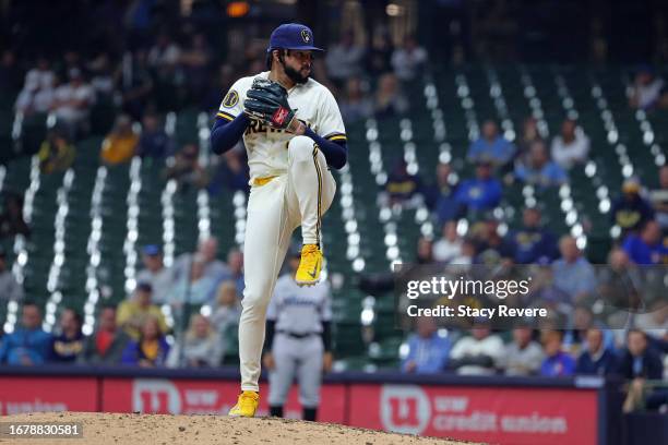 Devin Williams of the Milwaukee Brewers throws a pitch during a game against the Miami Marlins at American Family Field on September 12, 2023 in...