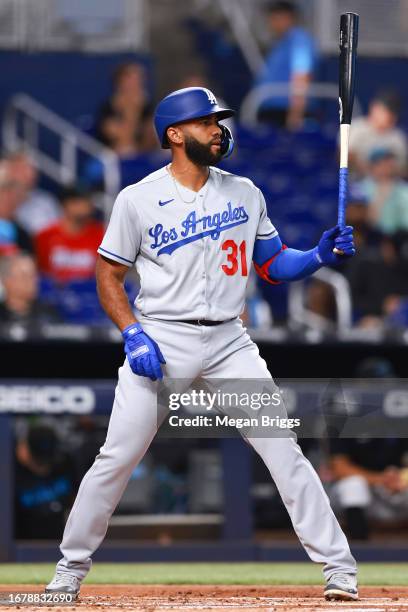 Amed Rosario of the Los Angeles Dodgers at bat against the Miami Marlins during the second inning at loanDepot park on September 05, 2023 in Miami,...