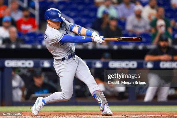 Enrique Hernandez of the Los Angeles Dodgers at bat against the Miami Marlins during the second inning of the game at loanDepot park on September 05,...