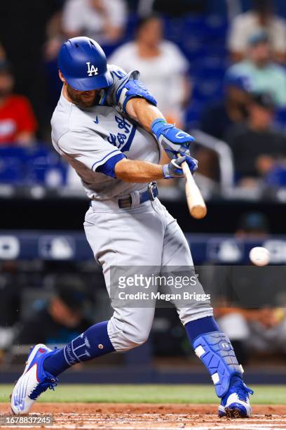 Chris Taylor of the Los Angeles Dodgers at bat against the Miami Marlins during the second inning at loanDepot park on September 05, 2023 in Miami,...
