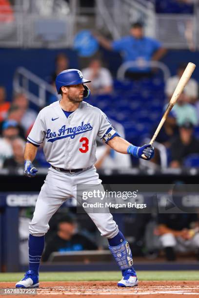 Chris Taylor of the Los Angeles Dodgers at bat against the Miami Marlins during the second inning at loanDepot park on September 05, 2023 in Miami,...