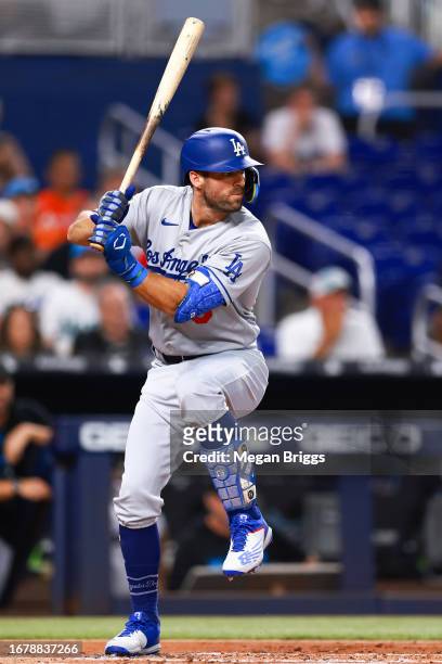 Chris Taylor of the Los Angeles Dodgers at bat against the Miami Marlins during the second inning at loanDepot park on September 05, 2023 in Miami,...