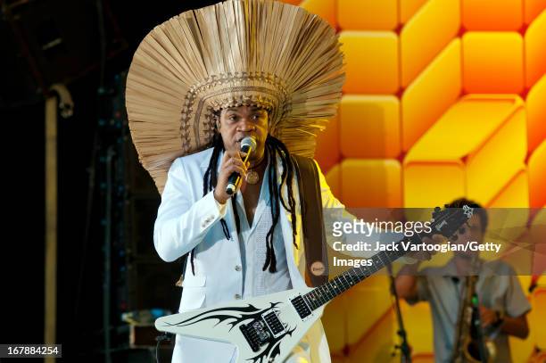 Brazilian musician Carlinhos Brown performs during the 26th Annual Brazilian Day Festival on a stage on W. 44th Street across 6th Avenue , New York,...