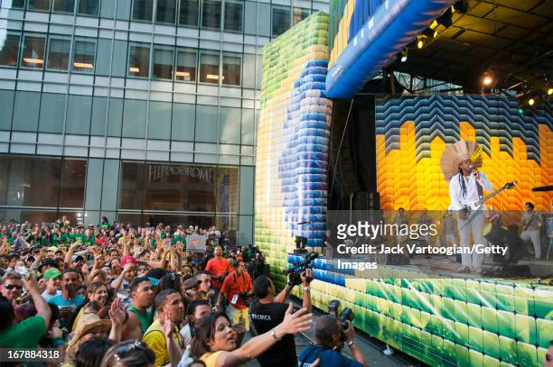 Brazilian musician Carlinhos Brown performs during the 26th Annual Brazilian Day Festival on a stage on W. 44th Street across 6th Avenue , New York,...