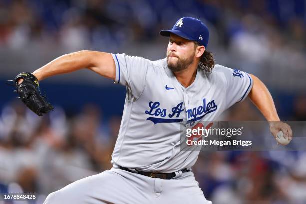 Clayton Kershaw of the Los Angeles Dodgers pitches against the Miami Marlins during the second inning at loanDepot park on September 05, 2023 in...