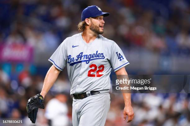 Clayton Kershaw of the Los Angeles Dodgers looks on against the Miami Marlins during the second inning at loanDepot park on September 05, 2023 in...