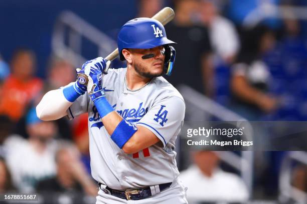 Miguel Rojas of the Los Angeles Dodgers at bat against the Miami Marlins during the third inning at loanDepot park on September 05, 2023 in Miami,...