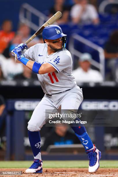 Miguel Rojas of the Los Angeles Dodgers at bat against the Miami Marlins during the third inning at loanDepot park on September 05, 2023 in Miami,...