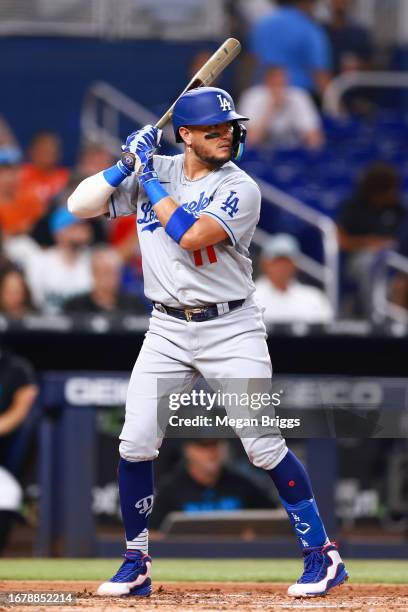 Miguel Rojas of the Los Angeles Dodgers at bat against the Miami Marlins during the third inning at loanDepot park on September 05, 2023 in Miami,...