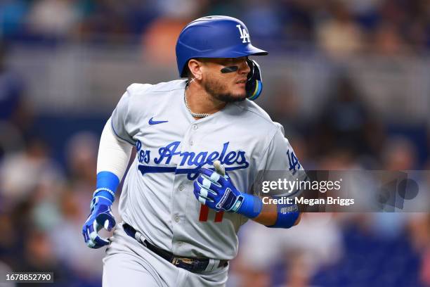 Miguel Rojas of the Los Angeles Dodgers in action against the Miami Marlins during the third inning at loanDepot park on September 05, 2023 in Miami,...