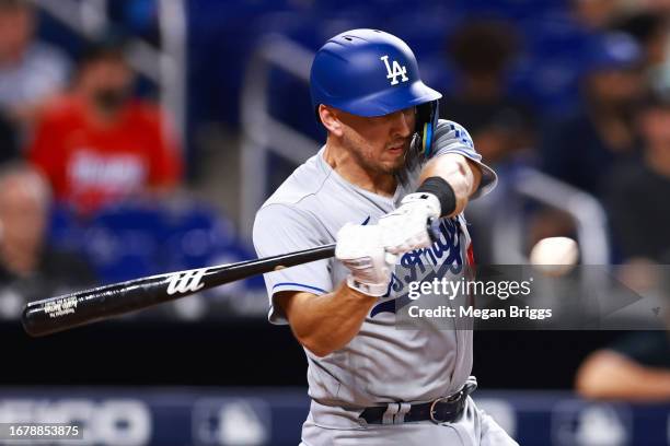 Austin Barnes of the Los Angeles Dodgers at bat against the Miami Marlins during the third inning at loanDepot park on September 05, 2023 in Miami,...