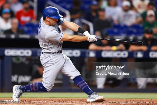 Austin Barnes of the Los Angeles Dodgers at bat against the Miami Marlins during the third inning at loanDepot park on September 05, 2023 in Miami,...