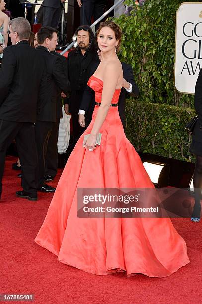 Actress Jennifer Lawrence arrives at the 70th Annual Golden Globe Awards held at The Beverly Hilton Hotel on January 13, 2013 in Beverly Hills,...