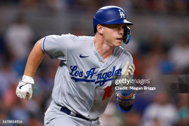 Will Smith of the Los Angeles Dodgers in action against the Miami Marlins during the third inning at loanDepot park on September 05, 2023 in Miami,...