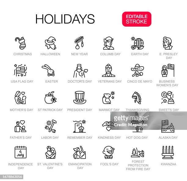 ilustrações, clipart, desenhos animados e ícones de 30 calendário feriados ícones de linha set, traçado editável - festa religiosa