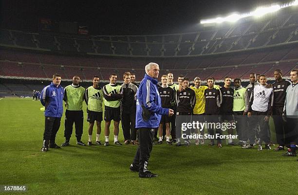 Newcastle United manager Bobby Robson talks to his players during the Newcastle United Champions League training session before the forthcoming match...