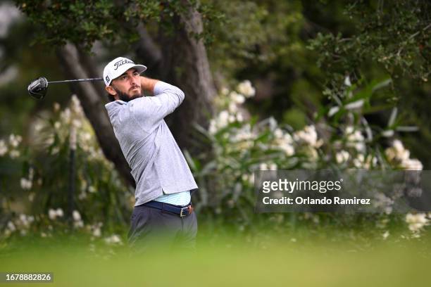 Max Homa plays his shot from the fifth tee prior to the Fortinet Championship at Silverado Resort and Spa on September 13, 2023 in Napa, California.