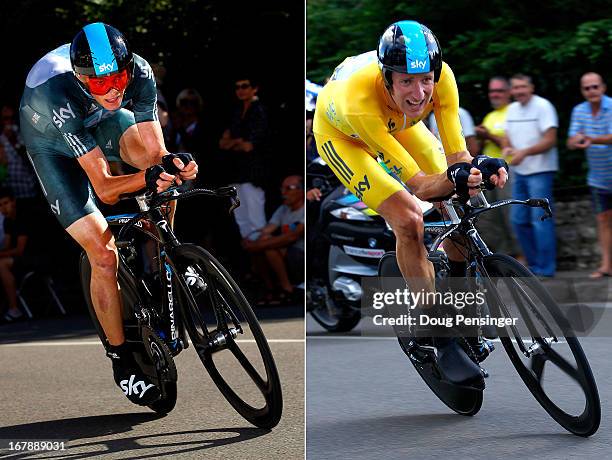 In this composite image a comparison has been made between Sir Bradley Wiggins and Christopher Froome of Team SKY Procycling and Great Britain....