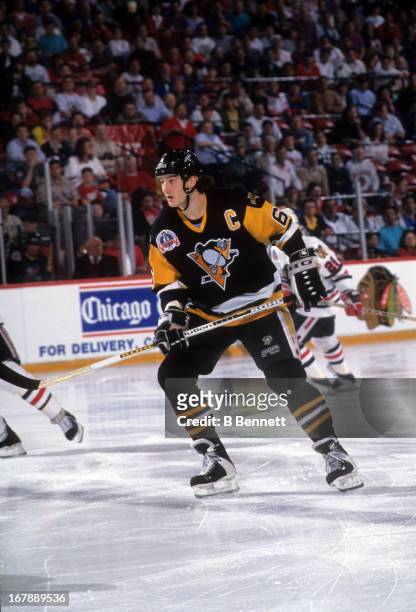 Mario Lemieux of the Pittsburgh Penguins skates on the ice during Game 3 of the 1992 Stanley Cup Finals against the Chicago Blackhawks on May 30,...