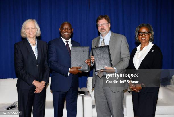 Ambassador Meg Whitman, CEO of Equity Bank James Mwangi, VP of Production Systems, Small Ag, and Turf Jason Brantley, and Coordinator for the Prosper...