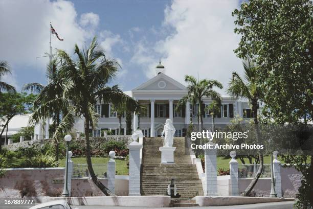 Government House in Nassau, Bahamas, circa 1968. It is the official residence of the Governor General of the Bahamas. A statue of Christopher...