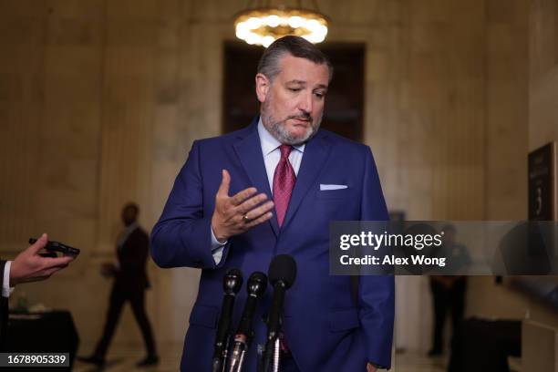 Sen. Ted Cruz speaks to members of the press outside the “AI Insight Forum” at the Russell Senate Office Building on Capitol Hill on September 13,...