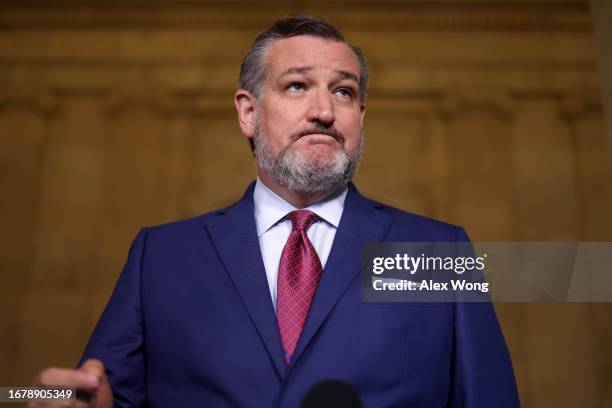 Sen. Ted Cruz speaks to members of the press outside the “AI Insight Forum” at the Russell Senate Office Building on Capitol Hill on September 13,...