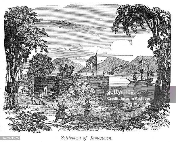 Illustration depicting the settlement of Jamestown, Virginia, 1607. Published in 'A Pictorial History of the United States' .