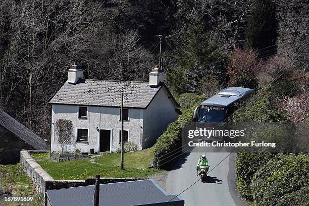 The Jury arrive by coach to visit the white cottage named Mount Pleasant, the former home of defendant Mark Bridger in Ceinws, Mid Wales who is on...